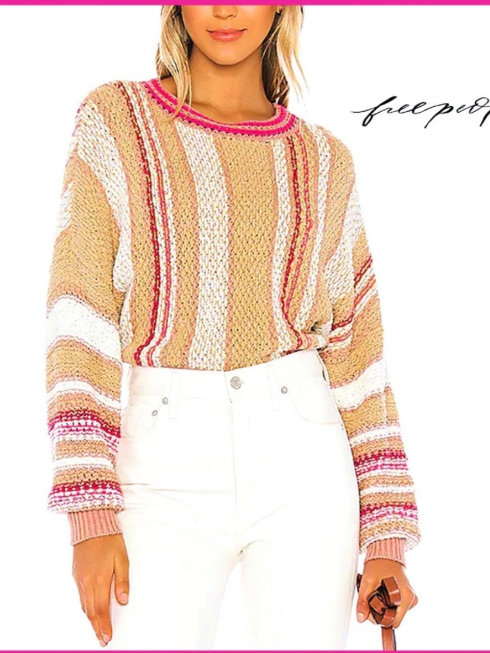 Free People Show Me Love Striped Crewneck Sweater - Beige, Pink & Cream. Medium